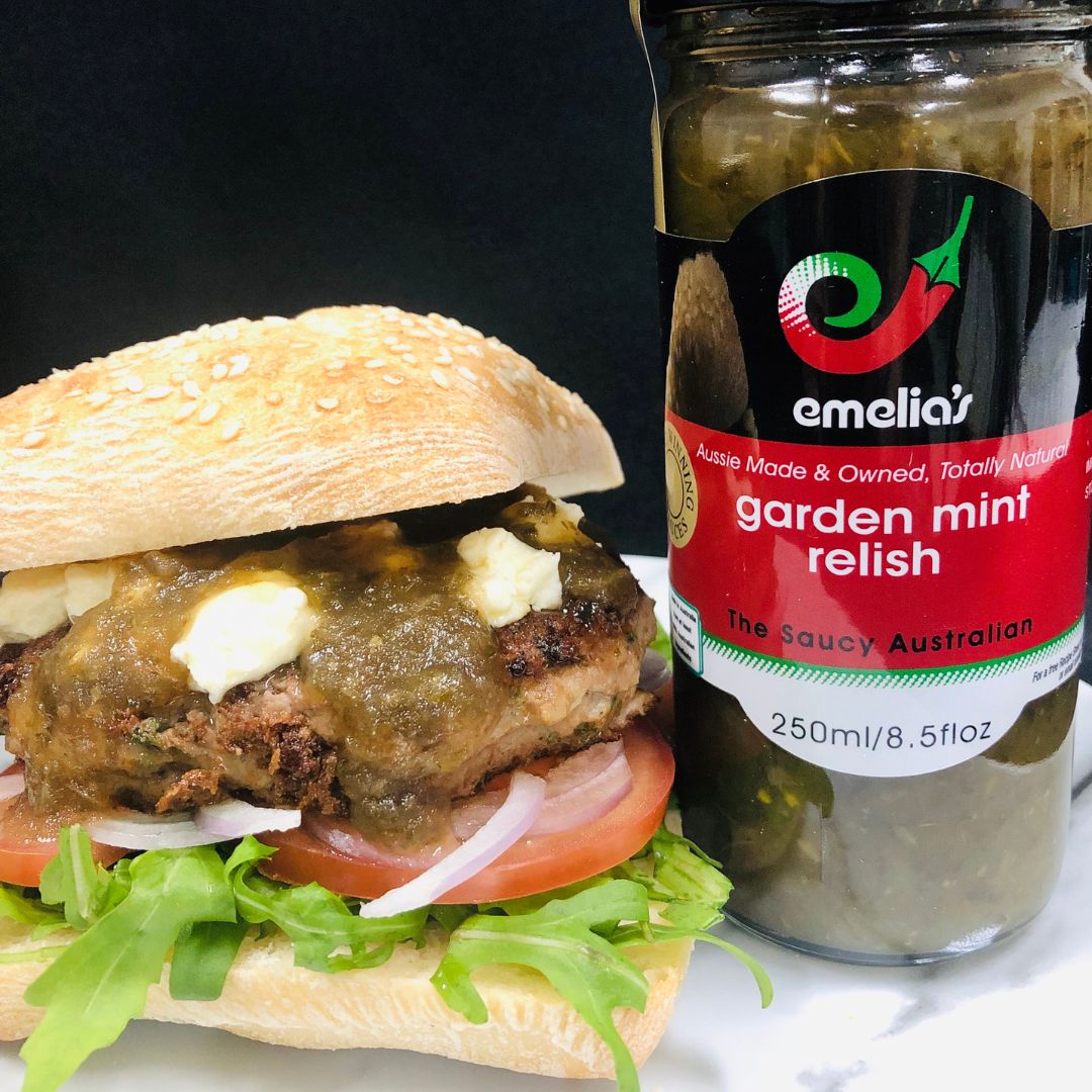 Lamb burger with a jar of Emelia's garden mint relish