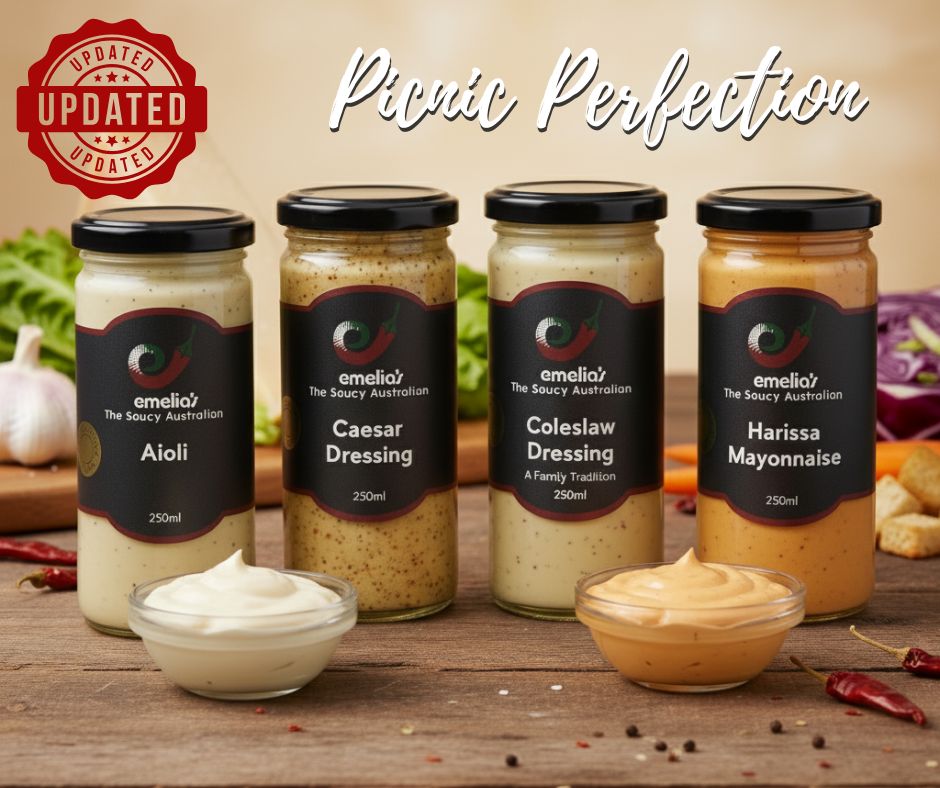 Emelia’s Picnic Perfection Hamper featuring Harissa Mayonnaise, Aioli, Caesar Dressing, and Coleslaw Dressing – Australian-made gourmet gift set.