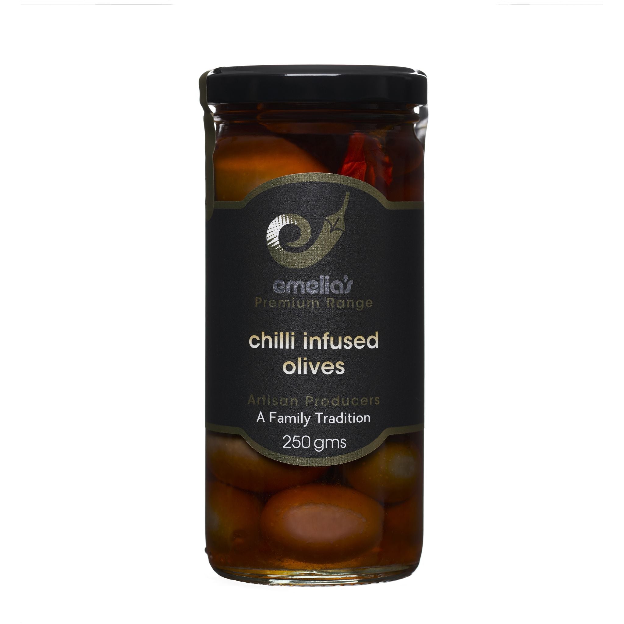 Australian made Chilli infused olives forward facing jar