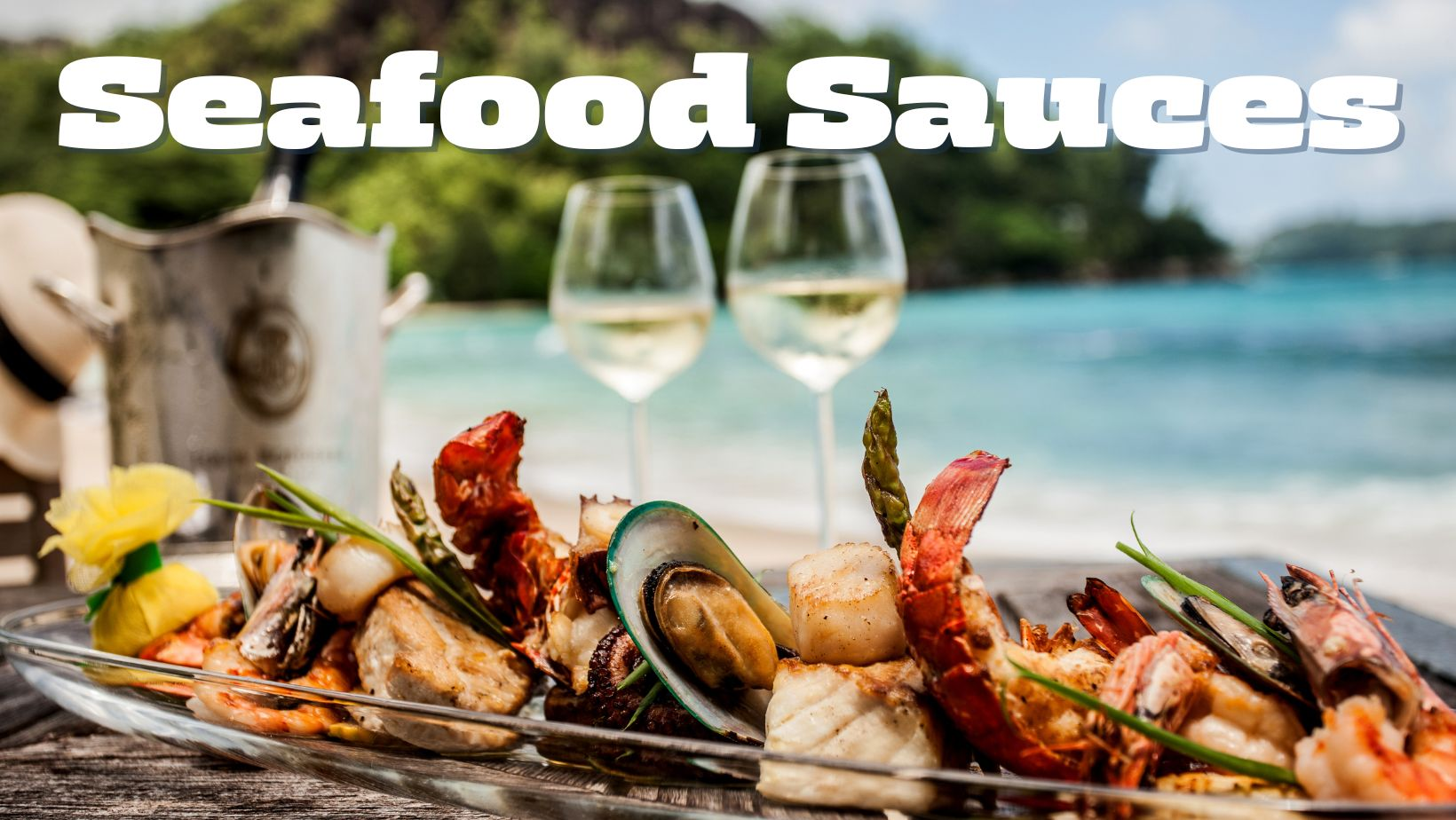 Seafood with a beach background with wine 